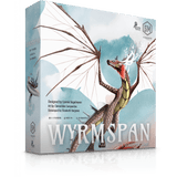 The Wyrmspan board game box by Stonemaier Games shows a white-winged dragon on a watercolor backdrop, evoking a dragon sanctuary, with designer and artist credits plus player info displayed on the packaging.