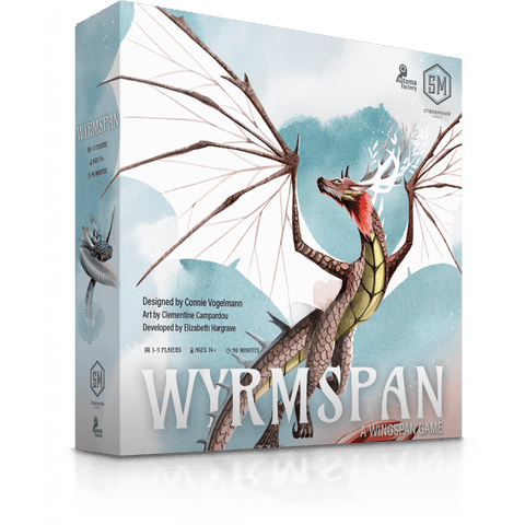 The Wyrmspan board game box by Stonemaier Games shows a white-winged dragon on a watercolor backdrop, evoking a dragon sanctuary, with designer and artist credits plus player info displayed on the packaging.