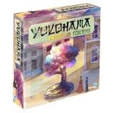 The image shows a box of Yokohama: Premium Tokens by Synapses Games, quality board game accessories featuring vibrant artwork of a large pink and purple tree in a courtyard, with buildings and two small human figures.