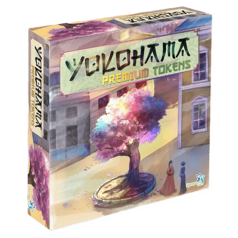 The image shows a box of Yokohama: Premium Tokens by Synapses Games, quality board game accessories featuring vibrant artwork of a large pink and purple tree in a courtyard, with buildings and two small human figures.