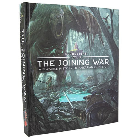 Cloudspire: The Joining War Lore and Art Book by Chip Theory Games features fantasy art of monsters and warriors in mystical forests—perfect for fans of Cloudspire board game lore and Chip Theory Games’ stunning artwork.