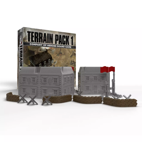 The Bad Crow Games Company of Heroes: Terrain Pack 1 box stands behind gray plastic 3D terrain tiles, including buildings, sandbags, barbed wire, and two red flags—detailed terrain pieces for the Company of Heroes board game.