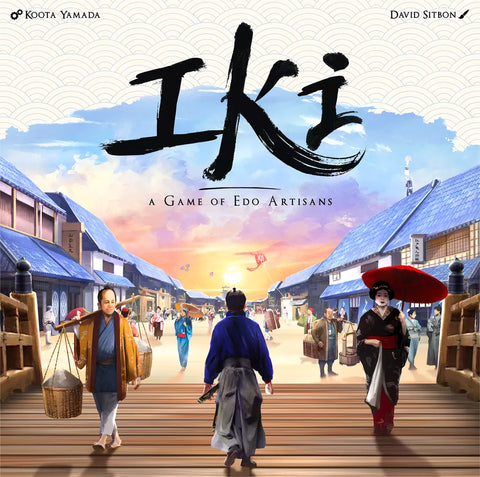 A person in blue walks across a wooden bridge into Edo-period Nihonbashi, Tokyo, surrounded by artisans and vendors in the bustling marketplace. The title "IKI: A Game of EDO Artisans EN/FR" by UTSUROI is displayed above, evoking the game's spirit.