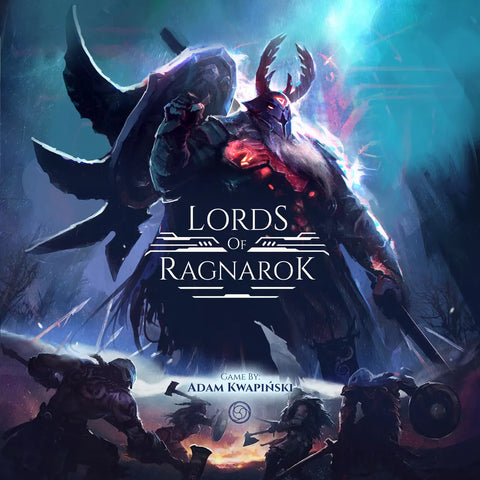 A horned fantasy warrior with a giant axe stands in swirling blue light as three armed figures confront him below the Lords of Ragnarok (Gamefound Collectors All-in Sundrop Pledge) title by Awaken Realms. Game by Adam Kwapiński appears at the bottom.