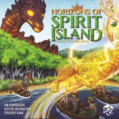 Cover art for Horizons of Spirit Island by Greater Than Games shows a dragon-like spirit above trees, glowing animal spirits, villagers rowing on a river, shadowy figures nearby, and new Spirits joining the mystical world. Game title and logos appear.