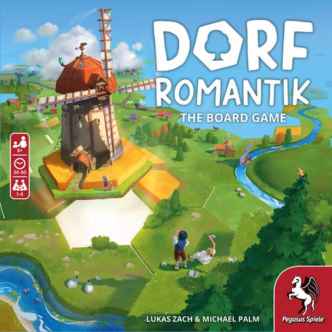 Colorful Dorfromantik: The Board Game box by Pegasus Spiele shows a windmill on hex tiles, green fields, river, and villagers. A family game for 1–6 players, ages 8+, with a 30–60 minute playtime.