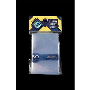 A sealed pack of 50 Fantasy Flight Games FFG Supply Clear Sleeves - Mini American Board Game (41x63 mm) is shown in plastic packaging with a blue and yellow label against a black background.
