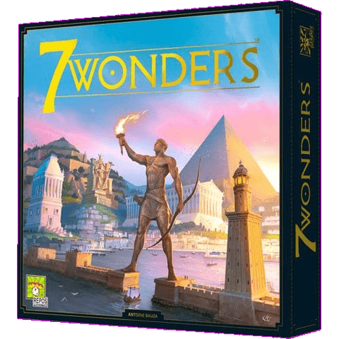 The box cover of 7 Wonders (Second Edition) by Repos showcases ancient wonders like the Colossus of Rhodes and the Great Pyramid, reflecting the epic spirit of this acclaimed civilization strategy board game.