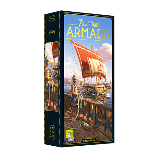 The box for Repos' 7 Wonders (Second Edition): Armada showcases an ancient sailor by a docked red-and-white sailboat, emphasizing naval warfare, with the game's title displayed prominently at the top.