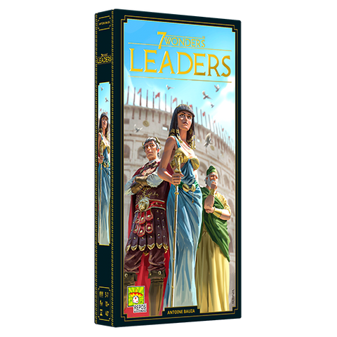 Box cover of 7 Wonders (Second Edition): Leaders by Repos, featuring illustrated historical figures in ancient attire before a coliseum under a blue sky, highlighting new powerful Leader cards.
