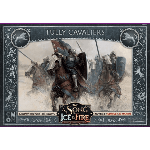 The illustrated box for Cool Mini Or Not’s A Song of Ice & Fire Tully Cavaliers shows armored knights on horseback riding through snow, with medieval borders and a wolf sigil suggesting ties to House Stark commanders.
