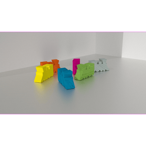 A row of five colorful locomotives from the Age of Steam: Wooden Locomotives (Set of 150) by Eagle-Gryphon Games is displayed on a plain light gray surface against a simple white background.