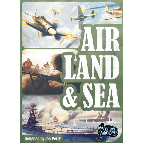 Cover for Air, Land, & Sea by Arcane Wonders features bold white title text and images of fighter planes, soldiers, and warships. The Arcane Wonders logo appears at the bottom right.
