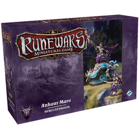Box for RuneWars Ankaur Maro Hero Expansion by Fantasy Flight Games, featuring painted fantasy miniatures channeling dark magic before a purple background, with the game title and Waiqar the Undying branding.
