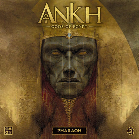 The illustrated box for the Ankh: Gods of Egypt Pharaoh Expansion by Cool Mini Or Not features a stylized stone-faced Pharaoh in elaborate gold and dark headwear, symbols of Ma’at, and ornate ancient Egyptian decorative elements.