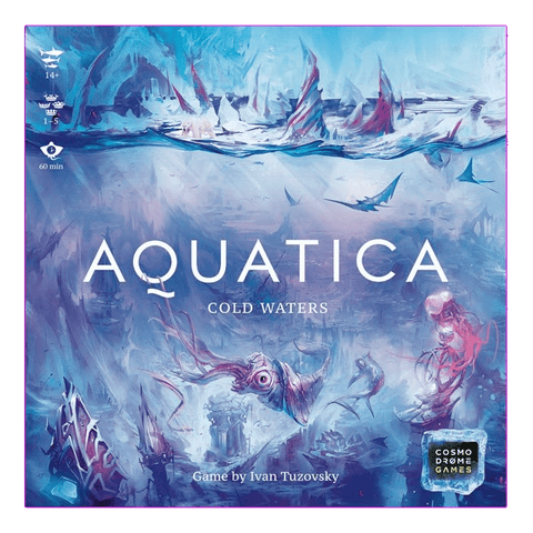 Aquatica: Cold Waters Expansion EN/DE by Cosmodrome Games features an underwater scene with sea creatures, ruins, and sharks in blue and purple tones. The box displays the title, game details, and fifth player components prominently.