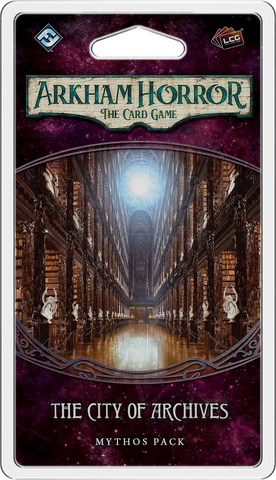 Arkham Horror: The Card Game – The City of Archives: Mythos Pack features an ornate library with towering bookshelves, statues, and a radiant overhead light.