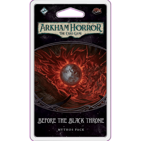The packaging for Fantasy Flight Games' Arkham Horror: The Card Game: Before the Black Throne Mythos Pack shows a swirling red vortex with a shadowy figure and ominous eye, reflecting The Circle Undone’s eerie feel. The title appears at the top.