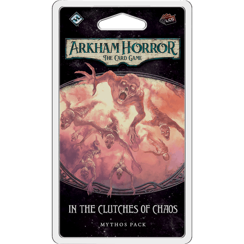The image shows the cover of Arkham Horror: The Card Game: In The Clutches of Chaos Mythos Pack by Fantasy Flight Games, featuring ghostly creatures with outstretched claws rising from swirling pink clouds.