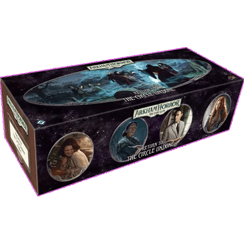 A rectangular box for Fantasy Flight Games' Arkham Horror: The Card Game Return to the Circle Undone Expansion, featuring atmospheric art with character portraits and mystical tarot cards on a dark, enigmatic background.