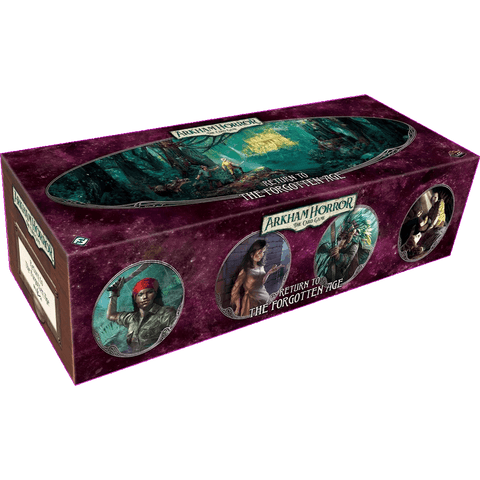 A rectangular box for Fantasy Flight Games' Arkham Horror: The Card Game Return to the Forgotten Age Expansion, featuring jungle art and circular portraits of three adventurers on a purple background.