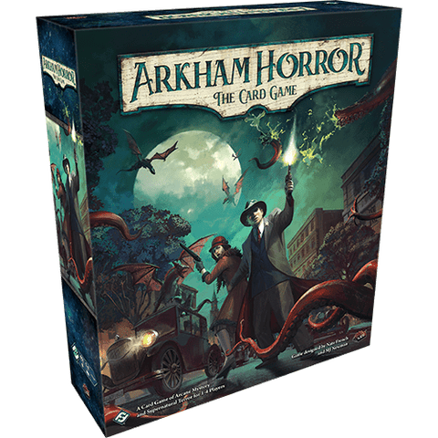 The Arkham Horror: The Card Game Revised Core Set box by Fantasy Flight Games shows investigators confronting monstrous tentacles under a full moon, with an old car and eerie buildings, capturing Lovecraftian mystery.