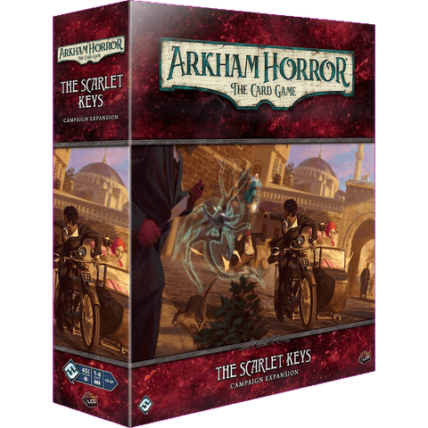 The box cover of Arkham Horror: The Card Game The Scarlet Keys Campaign Expansion by Fantasy Flight Games depicts characters on motorbikes racing through a city with a ghostly blue figure and historic buildings, reflecting its non-linear campaign.