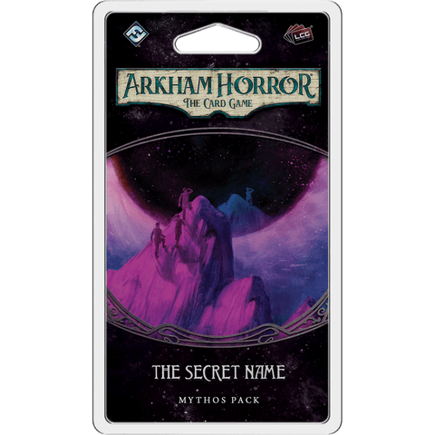 The Arkham Horror: The Card Game: The Secret Name Mythos Pack by Fantasy Flight Games showcases eerie, purple mountains and ghostly figures under a foreboding night sky.