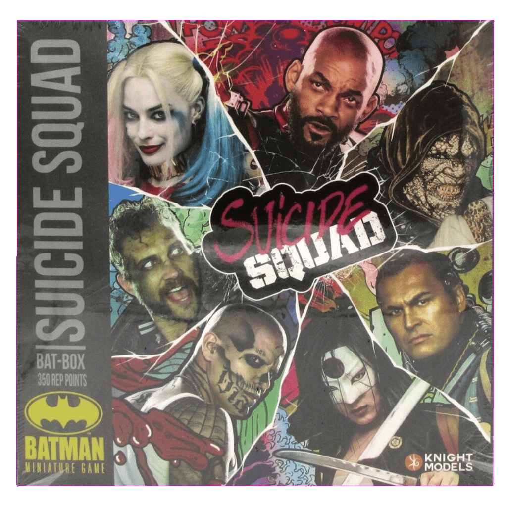 The Knight Models Batman Miniature Game: Suicide Squad Bat-Box features Harley Quinn, Deadshot, Killer Croc, Captain Boomerang, El Diablo, and Katana in vibrant comic style with the Suicide Squad logo on the cover.