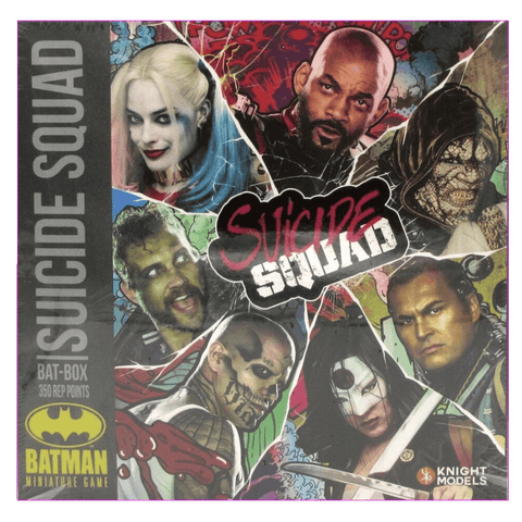 The Knight Models Batman Miniature Game: Suicide Squad Bat-Box features Harley Quinn, Deadshot, Killer Croc, Captain Boomerang, El Diablo, and Katana in vibrant comic style with the Suicide Squad logo on the cover.