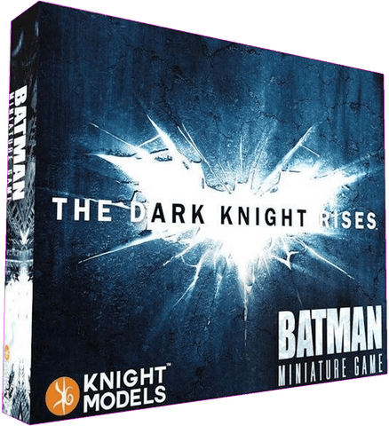 The Batman Miniature Game (Second Edition): The Dark Knight Rises by Knight Models features resin miniatures and a glowing bat symbol set against a dark, shattered backdrop.