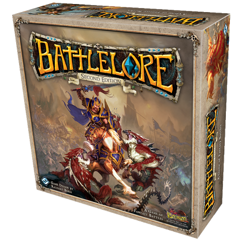 The image displays the box for BattleLore (Second Edition) by Fantasy Flight Games, a fantasy board game with squad-based battles. The cover features an armored warrior riding a creature and holding a glowing sword in the midst of battle.