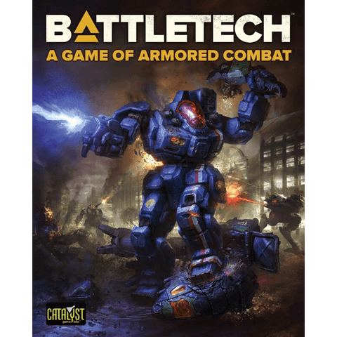 The cover of BattleTech: A Game of Armored Combat by Catalyst Game Labs shows a large blue BattleMech firing in a ruined city, surrounded by explosions and destruction, with the Catalyst Game Labs logo at the bottom left.