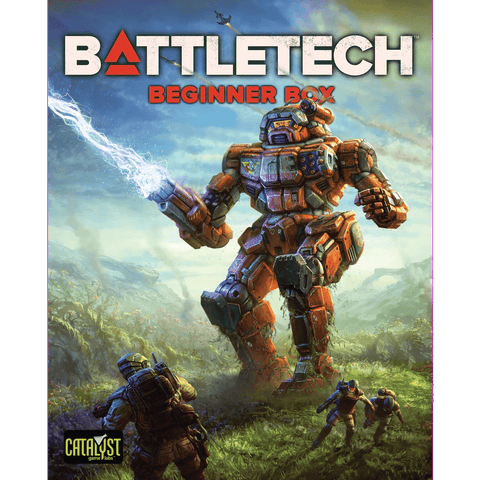 The cover of BattleTech: Beginner Box Mercenary Edition shows a large orange mech firing a blue energy weapon, flanked by two armored soldiers on grass. Ideal for new players, it features the Catalyst Game Labs logo in the corner.