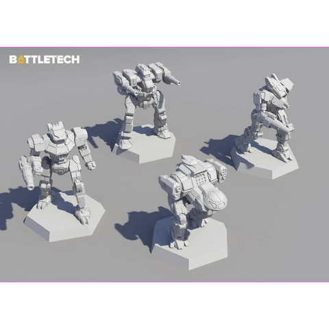 Four white, angular robot miniatures from Catalyst Game Labs' BattleTech: Inner Sphere Striker Lance Expansion stand on hexagonal bases atop a gray surface. The image is labeled BATTLETECH, ideal for Alpha Strike matches.