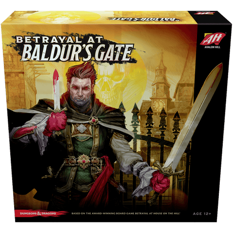 The Avalon Hill Betrayal at Baldur's Gate box shows a red-haired armored man with a bloodied dagger and sword, standing before Baldur's Gate city with a looming skull in the background.