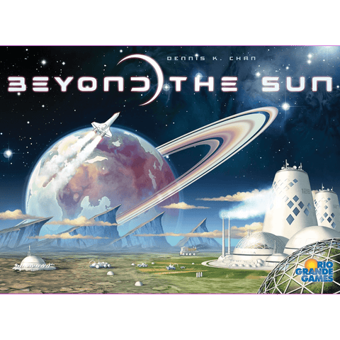 A futuristic space scene with a ringed planet, spaceship launch, and domed colony sets the stage for Beyond the Sun by Rio Grande Games—a galactic civilization game about expanding influence across the cosmos.