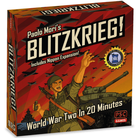 Box cover of Blitzkrieg! including Nippon Expansion by PSC Games shows a soldier in green uniform and helmet pointing ahead with tanks, planes, and explosions behind. Text highlights “World War Two In 20 Minutes” for this fast-paced wargame.