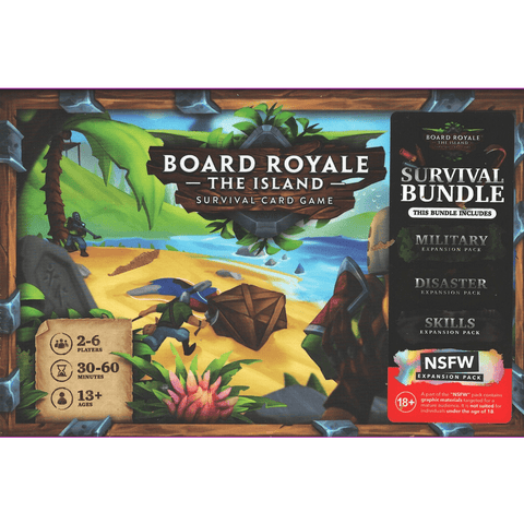 Box cover for Board Royale the Island Survival Bundle by Arvis Games, displaying cartoon characters on a tropical beach with crates. Includes Military, Disaster, Skills & NSFW expansions. For 2–6 players, ages 13+.