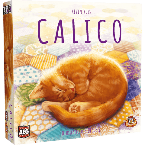 The Calico NL board game box by White Goblin Games shows an illustrated orange cat sleeping on a colorful quilt, with the title "Calico" in large purple letters above the cat.