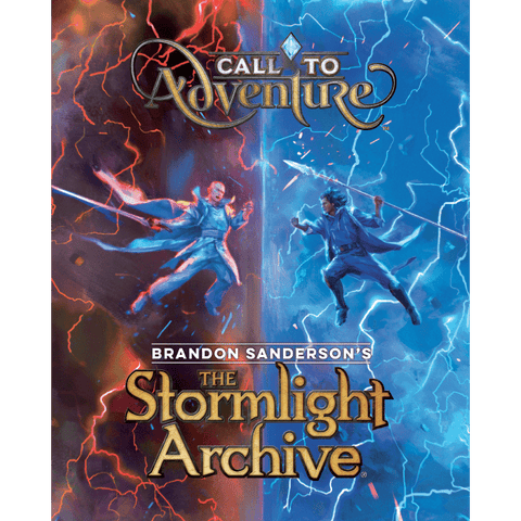 The cover art for Brotherwise Games’ Call to Adventure: Stormlight Archive shows two sword-wielding figures—one red, one blue—with lightning, separated by a jagged luminous line.
