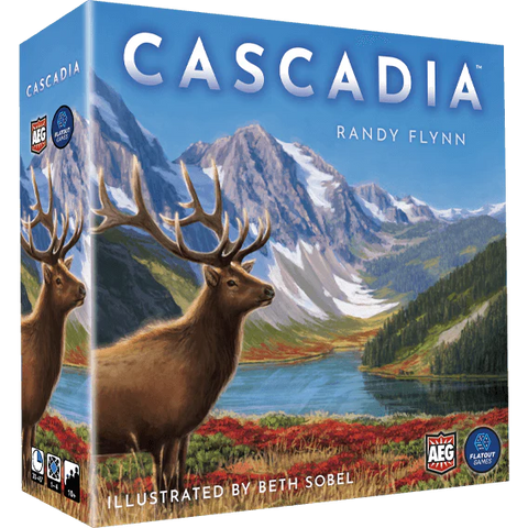 The Cascadia Kickstarter Edition by Alderac Entertainment Group features a large elk on its cover, set against mountains, pine trees, a river, and red foliage—highlighting Pacific Northwest wildlife. Title and credits appear at the top.
