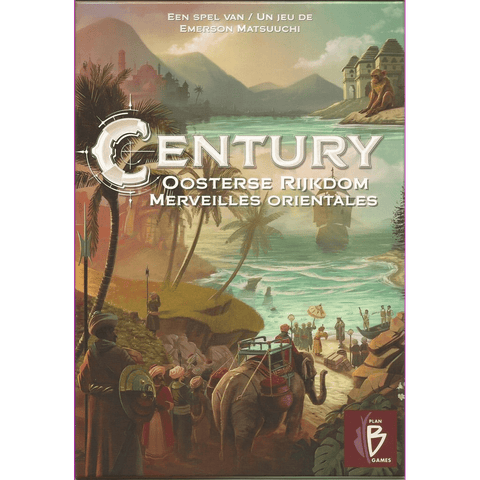 The cover art of Century: Oosterse Rijkdom/Merveilles Orientales NL/FR by Plan B Games shows traders, camels, and a wagon on a tropical shore with ships, mountains, palm trees, and domed buildings beneath a vibrant sky.