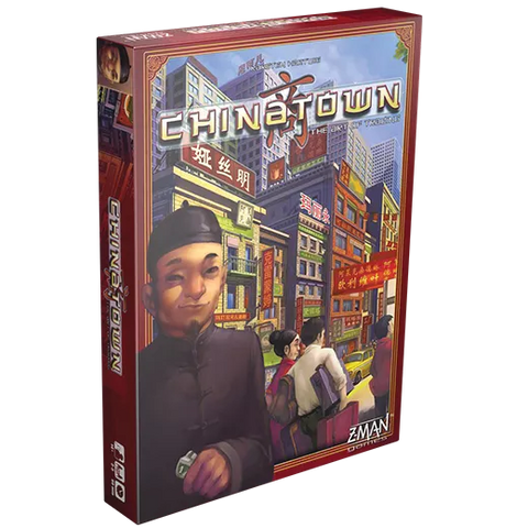 A box for the Chinatown board game by Z-Man Games, showing vibrant illustrations of people and buildings in a bustling Chinatown with both Chinese and English text, highlighting its fun negotiation gameplay.
