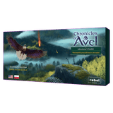 The Rebel Chronicles of Avel: Adventurer's Toolkit game box shows a flying eagle above a forest and mountains with fireballs in the sky, plus English and Polish flags in the corner.
