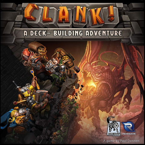 Four adventurers with weapons face a giant red dragon in an underground lair. Above them is the title "Clank!: A Deck-Building Adventure." The Renegade Game Studios logo appears at the bottom.