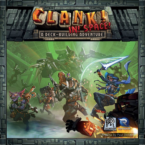 The cover of Clank! In! Space!: A Deck-Building Adventure by Renegade Game Studios shows armored heroes battling robots on a spaceship, with the bold title atop sci-fi graphics and a metallic border, reflecting its deck-building gameplay.