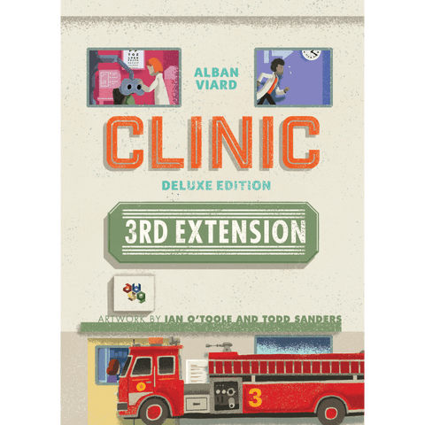 The cover of Clinic: Deluxe Edition Bundle by Alban Viard Studio Games displays medical scenes, bold orange title text, and a red fire truck marked with a 3 at the bottom.