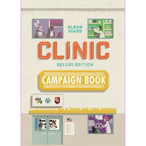 Cover of Clinic: Deluxe Edition Campaign Book by Alban Viard Studio Games, featuring medical-themed illustrations, bold orange and yellow title text, and smaller images of doctors, patients, and hospital rooms.