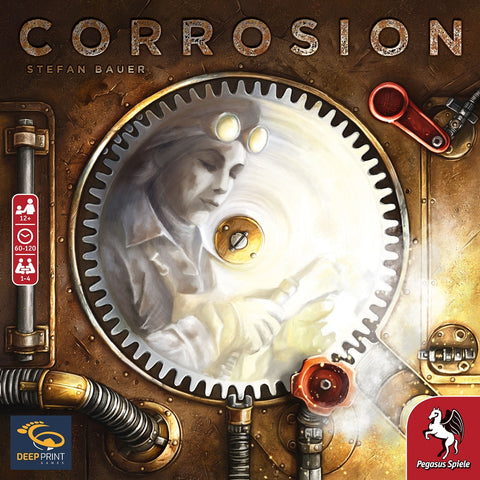 A large metal gear featuring a ghostly woman in workwear sits amid pipes and gauges on the Corrosion board game box, highlighting this engine-building game by Pegasus Spiele.